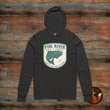 Pine River Fishing Hooded Tee - Unisex Long Sleeve Fishing Shirt, Outdoor Gift, Camping Apparel, Fishing Lover's Wear, Relaxed Fit