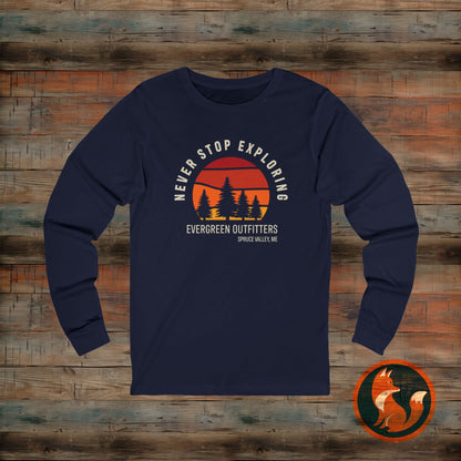 Unisex Jersey Long Sleeve Tee - "Never Stop Exploring" Adventure Shirt, Hiking Apparel, Travel Gift, Outdoor Clothing, Nature Lover Tee