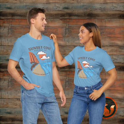 Sunset Cove Graphic Tee, Unisex Beach Shirt, Casual Summer Wear, Gift for Ocean Lovers, Vacation Apparel, Retro Beach Vibes