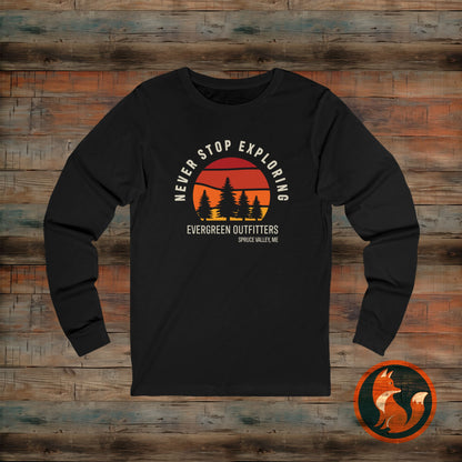 Unisex Jersey Long Sleeve Tee - "Never Stop Exploring" Adventure Shirt, Hiking Apparel, Travel Gift, Outdoor Clothing, Nature Lover Tee