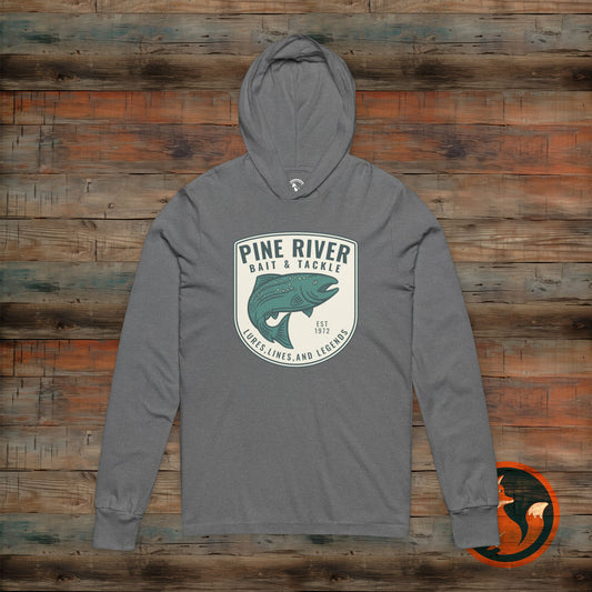 Pine River Fishing Hooded Tee - Unisex Long Sleeve Fishing Shirt, Outdoor Gift, Camping Apparel, Fishing Lover's Wear, Relaxed Fit