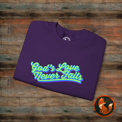 God's Love Never Fails Sweatshirt, Unisex Crewneck Sweater for Faith, Comfortable Gift for Christian Holidays, Inspirational Apparel
