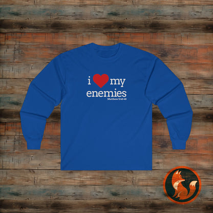 I Love My Enemies Long Sleeve Tee, Christian Gift, Quote Shirt, Inspirational Apparel, Religious Isaiah 54: 10