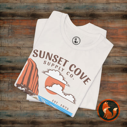 Sunset Cove Graphic Tee, Unisex Beach Shirt, Casual Summer Wear, Gift for Ocean Lovers, Vacation Apparel, Retro Beach Vibes