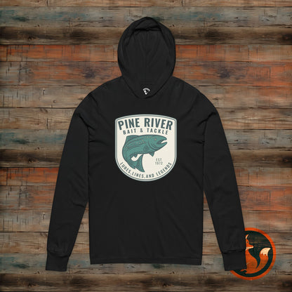 Pine River Fishing Hooded Tee - Unisex Long Sleeve Fishing Shirt, Outdoor Gift, Camping Apparel, Fishing Lover's Wear, Relaxed Fit